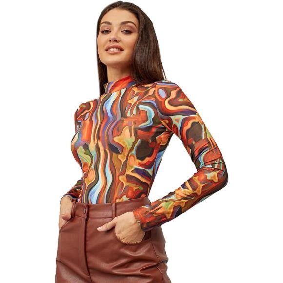 Women's Mock Neck Long Sleeve Fitted Graphic Print T-Shirt Tee Tops - Picture 1 of 5